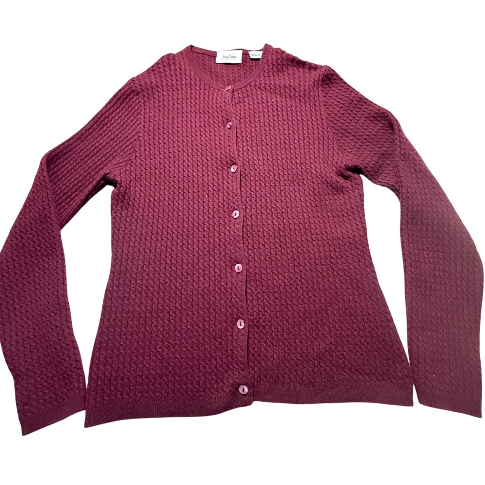 Neiman Marcus Cashmere Cardigan Sweater Burgundy Honeycomb Knit Large SKU130